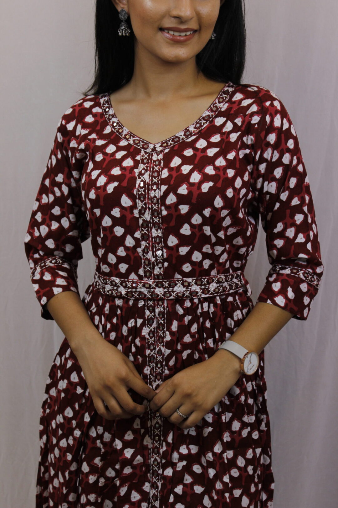 Ethnic Cotton Mehroon Long Dress - Image 4