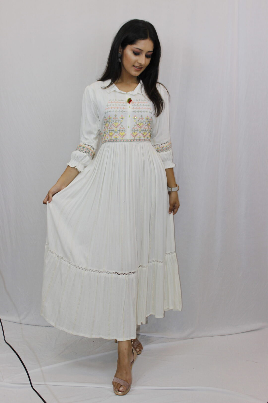 White Long Dress Embroidery Work - Image 5