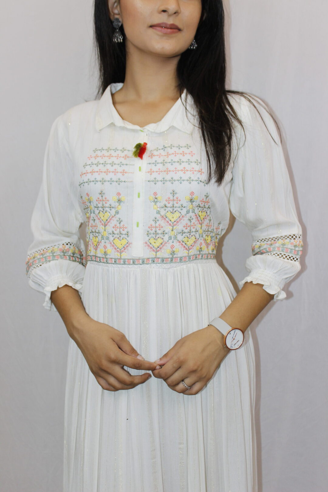 White Long Dress Embroidery Work - Image 3