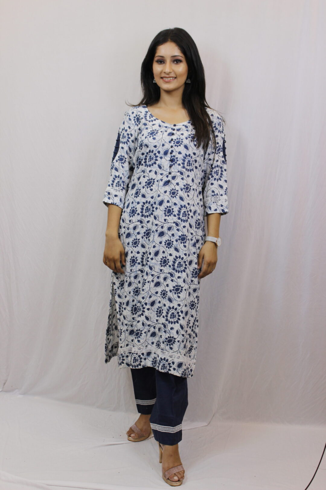 Blue Printed Cotton Kurta Pant - Image 3