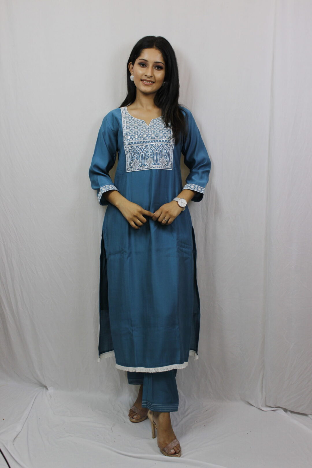 Teal Blue Kurta Set With Sitara And Thread Work - Image 2