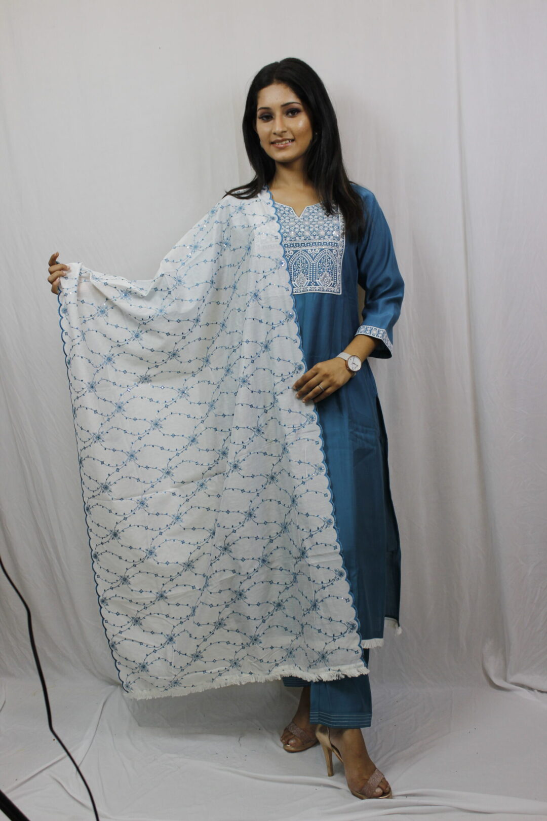 Teal Blue Kurta Set With Sitara And Thread Work
